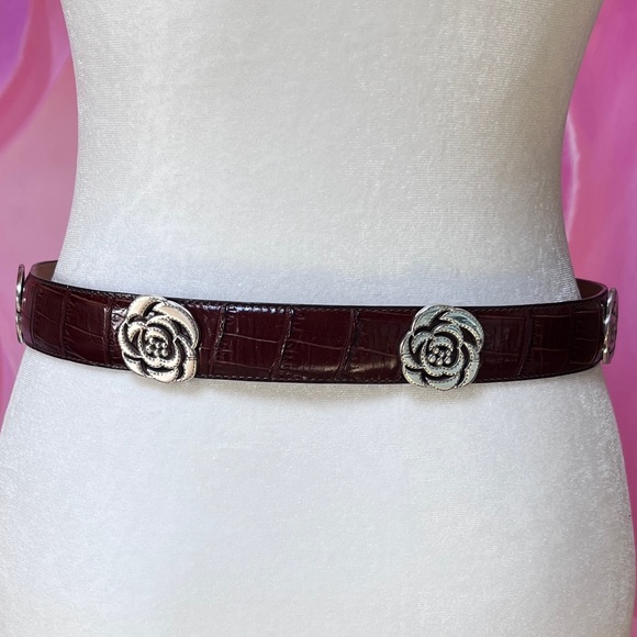 Brighton Brown Crocodile Embossed Silver Tone Rose Embellished Belt - M/L 32 - Picture 2 of 9